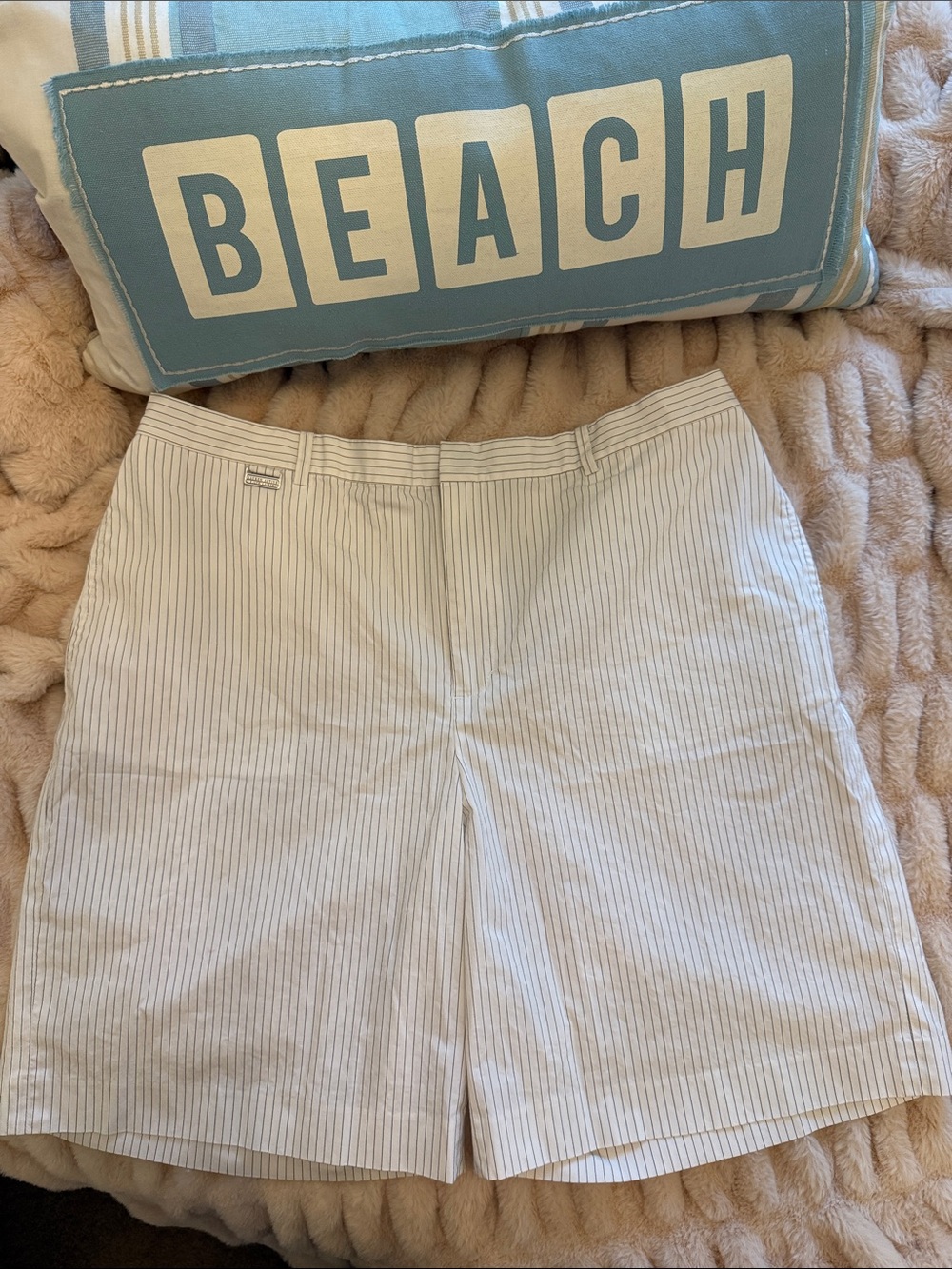 Ralph Lauren Women's Pinstripe Bermuda Shorts - White & Navy Blue Size 14